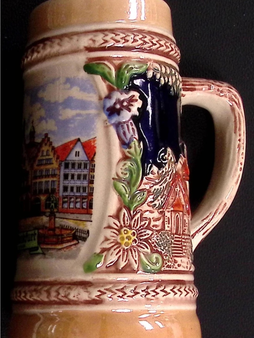Hand-Painted Ceramic Stein with Beige, Blue & Green Accents